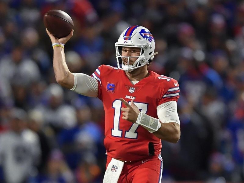 Buffalo Bills quarterback Josh Allen (17) throws a pass during the first half of an NFL football game against the New York Giants in Orchard Park, N.Y., Sunday, Oct. 15, 2023. (AP Photo/Adrian Kraus)