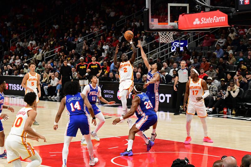 ATLANTA, GA - MARCH 10: Keaton Wallace #2 of the Atlanta Hawks shoots the ball during the game against the Philadelphia 76ers on March 10, 2025 at State Farm Arena in Atlanta, Georgia.  NOTE TO USER: User expressly acknowledges and agrees that, by downloading and/or using this Photograph, user is consenting to the terms and conditions of the Getty Images License Agreement. Mandatory Copyright Notice: Copyright 2025 NBAE(Photo by Adam Hagy/NBAE via Getty Images)