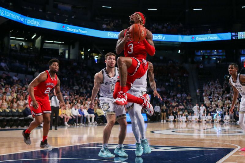 Feb 25, 2023; Atlanta, Georgia, USA; Louisville Cardinals guard El Ellis (3) shoots past the Georgia Tech Yellow Jackets in the first half at McCamish Pavilion. Mandatory Credit: Brett Davis-USA TODAY Sports