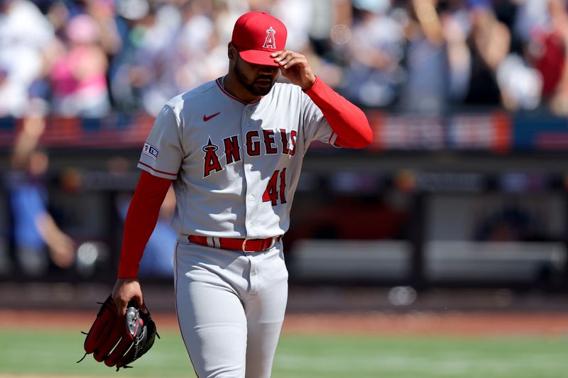 Aug 27, 2023; New York City, New York, USA; Los Angeles Angels relief pitcher Reynaldo Lopez (41) walks off after losing to the New York Mets during the ninth inning at Citi Field. Mandatory Credit: Brad Penner-USA TODAY Sports