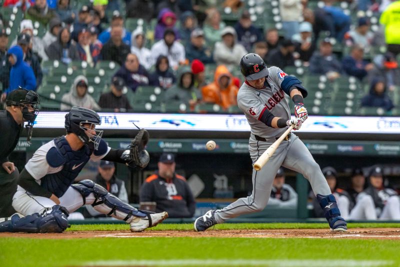 May 22, 2025; Detroit, Michigan, USA; Detroit Tigers pitcher Jack Flaherty (9) (not pictured) strikes out Cleveland Guardians outfielder Lane Thomas (8) in the first inning and picks up his 1,000th MLB strike out at Comerica Park. Mandatory Credit: David Reginek-Imagn Images