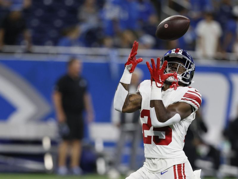 New York Giants running back Jashaun Corbin catches during pregame of an NFL preseason football game against the Detroit Lions, Friday, Aug. 11, 2023, in Detroit. (AP Photo/Duane Burleson)