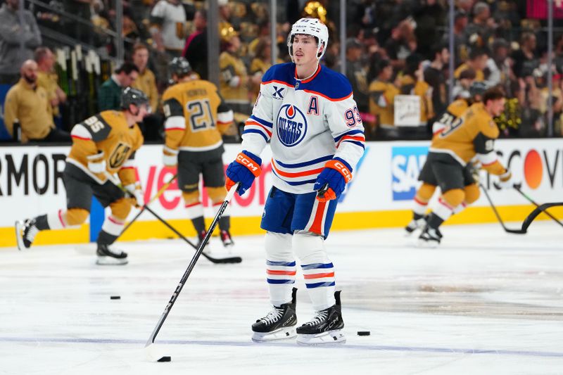 May 6, 2025; Las Vegas, Nevada, USA; Edmonton Oilers center Ryan Nugent-Hopkins (93) warms up before game one against the Vegas Golden Knights in the second round of the 2025 Stanley Cup Playoffs at T-Mobile Arena. Mandatory Credit: Stephen R. Sylvanie-Imagn Images