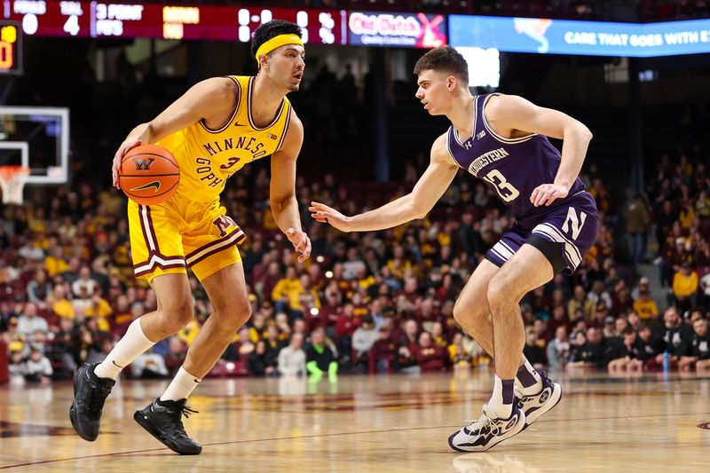 Feb 3, 2024; Minneapolis, Minnesota, USA; Minnesota Golden Gophers forward Dawson Garcia (3) dribbles as Northwestern Wildcats guard Brooks Barnhizer (13) defends during the first half at Williams Arena. Mandatory Credit: Matt Krohn-USA TODAY Sports