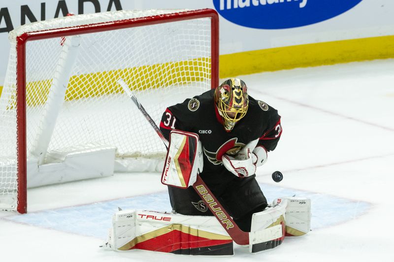 Apr 5, 2025; Ottawa, Ontario, CAN; Ottawa Senators goalie Anton Forsberg (31) makes a save in the third period against the Florida Panthers at the Canadian Tire Centre. Mandatory Credit: Marc DesRosiers-Imagn Images