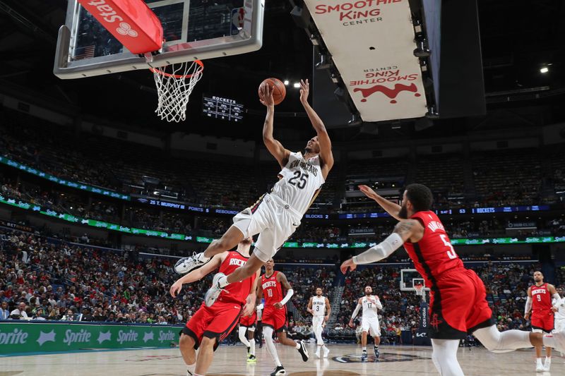 NEW ORLEANS, LA - FEBRUARY 22: Trey Murphy III #25 of the New Orleans Pelicans shoots the ball during the game against the Houston Rockets on February 22, 2024 at the Smoothie King Center in New Orleans, Louisiana. NOTE TO USER: User expressly acknowledges and agrees that, by downloading and or using this Photograph, user is consenting to the terms and conditions of the Getty Images License Agreement. Mandatory Copyright Notice: Copyright 2024 NBAE (Photo by Layne Murdoch Jr./NBAE via Getty Images)