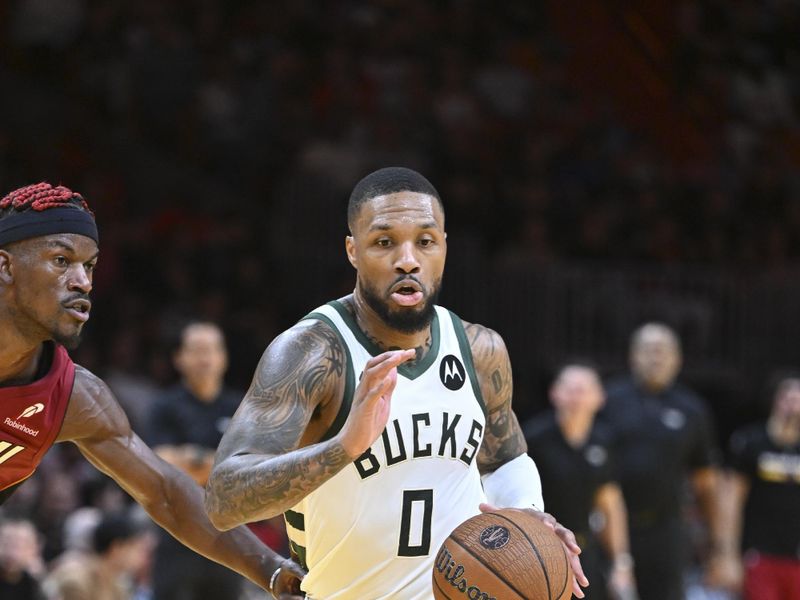 MIAMI, FL - NOVEMBER 26:  Damian Lillard #0 of the Milwaukee Bucks drives to the basket during an NBA Cup game against the Miami Heat on November 26, 2024 at Kaseya Center in Miami, Florida. NOTE TO USER: User expressly acknowledges and agrees that, by downloading and or using this Photograph, user is consenting to the terms and conditions of the Getty Images License Agreement. Mandatory Copyright Notice: Copyright 2024 NBAE (Photo by Chris Tilley/NBAE via Getty Images)