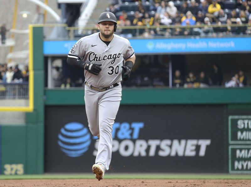 Apr 7, 2023; Pittsburgh, Pennsylvania, USA;  Chicago White Sox designated hitter Jake Burger (30) runs the bases on a two run home run run against the Pittsburgh Pirates during the third inning at PNC Park. Mandatory Credit: Charles LeClaire-USA TODAY Sports