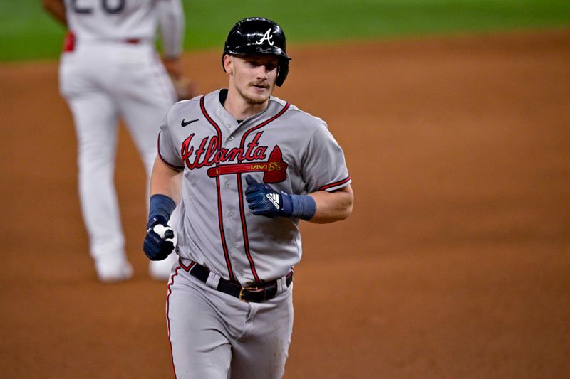 May 16, 2023; Arlington, Texas, USA; Atlanta Braves catcher Sean Murphy (12) rounds the bases after hitting a two run home run against the Texas Rangers during the eighth inning at Globe Life Field. Mandatory Credit: Jerome Miron-USA TODAY Sports