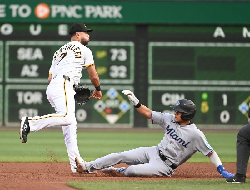 Jun 10, 2025; Pittsburgh, Pennsylvania, USA;  Pittsburgh Pirates shortstop Isiah Kiner-Falefa (7) forces out Miami Marlins runner Javier Sanoja (46) during the fifth inning at PNC Park. Mandatory Credit: Philip G. Pavely-Imagn Images