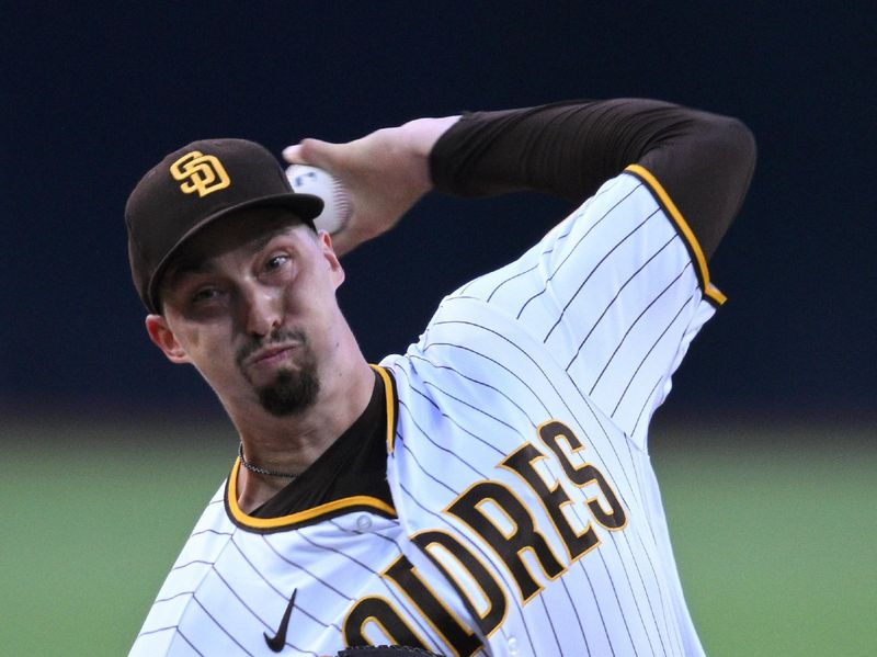 Jul 8, 2023; San Diego, California, USA; San Diego Padres starting pitcher Blake Snell (4) throws a pitch against the New York Mets during the first inning at Petco Park. Mandatory Credit: Orlando Ramirez-USA TODAY Sports