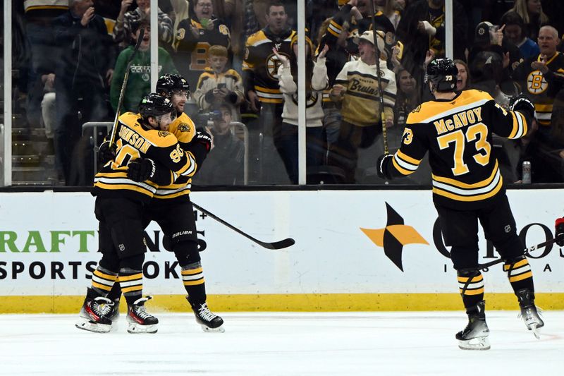 Nov 9, 2024; Boston, Massachusetts, USA; Boston Bruins center Pavel Zacha (18) celebrates with his teammates after scoring a goal against the Ottawa Senators during the second period at TD Garden. Mandatory Credit: Brian Fluharty-Imagn Images