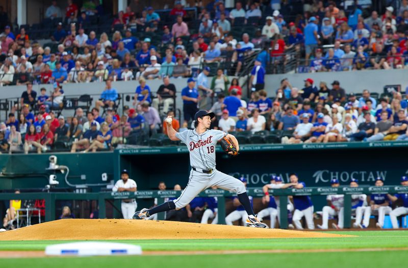 Jun 5, 2024; Arlington, Texas, USA;  Detroit Tigers pitcher Kenta Maeda (18) throws during the first inning against the Texas Rangers at Globe Life Field. Mandatory Credit: Kevin Jairaj-USA TODAY Sports