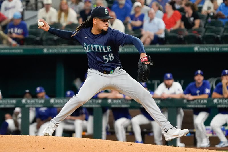 Apr 25, 2024; Arlington, Texas, USA; Seattle Mariners pitcher Luis Castillo (58) throws to the plate during the second inning against the Texas Rangers at Globe Life Field. Mandatory Credit: Raymond Carlin III-USA TODAY Sports