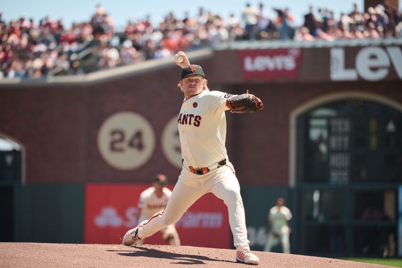 Aug 10, 2024; San Francisco, California, USA; San Francisco Giants starting pitcher Logan Webb (62) throws a pitch against the Detroit Tigers during the first inning at Oracle Park. Mandatory Credit: Robert Edwards-USA TODAY Sports