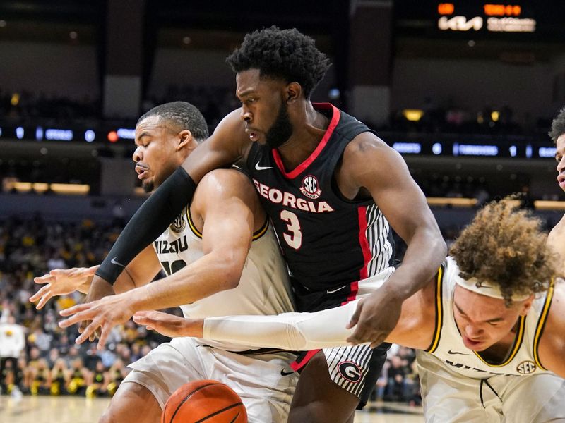 Jan 6, 2024; Columbia, Missouri, USA; Missouri Tigers guard Nick Honor (10) and Georgia Bulldogs guard Noah Thomasson (3) and forward Noah Carter (35) fight for a rebound during the first half at Mizzou Arena. Mandatory Credit: Denny Medley-USA TODAY Sports