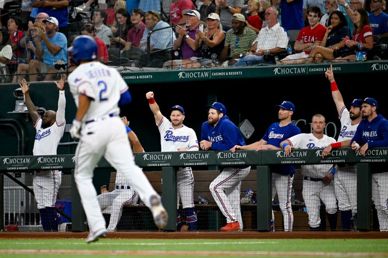 Aug 3, 2023; Arlington, Texas, USA; The Texas Rangers celebrate after second baseman Marcus Semien (2) hits a home run against the Chicago White Sox during the fourth inning at Globe Life Field. Mandatory Credit: Jerome Miron-USA TODAY Sports