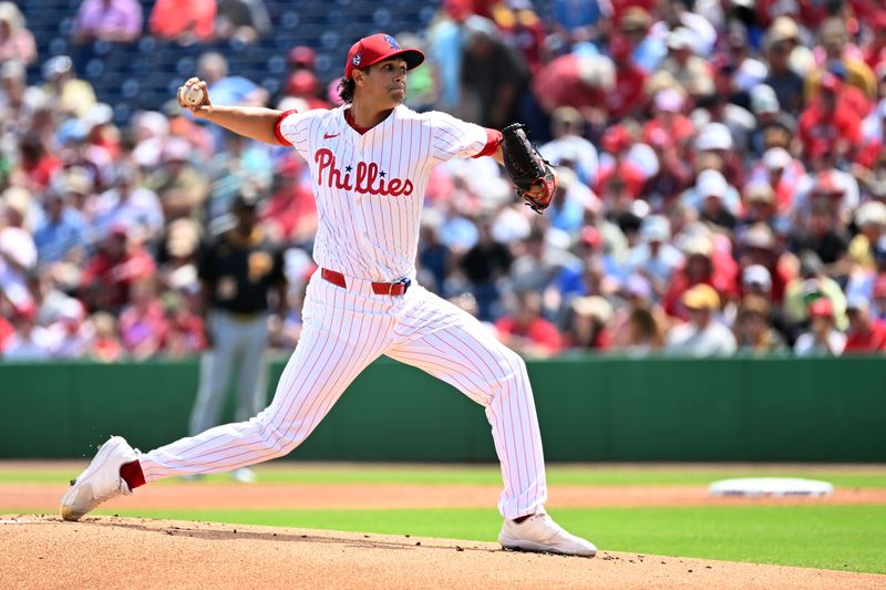 Mar 18, 2024; Clearwater, Florida, USA;Philadelphia Phillies starting pitcher Tyler Phillips (72) throws a pitch in the first inning of the spring training game against the Pittsburgh Pirates  at BayCare Ballpark. Mandatory Credit: Jonathan Dyer-USA TODAY Sports