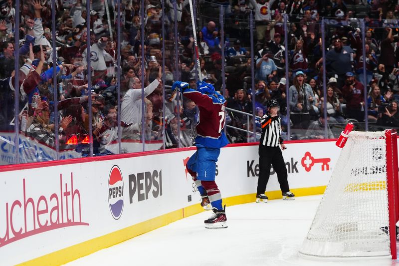 Oct 12, 2024; Denver, Colorado, USA; Colorado Avalanche left wing Miles Wood (28) celebrates after scoring a goal against the Columbus Blue Jackets in the second period at Ball Arena. Mandatory Credit: Ron Chenoy-Imagn Images