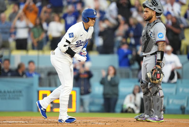 Apr 29, 2025; Los Angeles, California, USA; Los Angeles Dodgers designated hitter Shohei Ohtani (17) celebrates after hitting a home run during the first inning against the Miami Marlins at Dodger Stadium. Mandatory Credit: Kirby Lee-Imagn Images