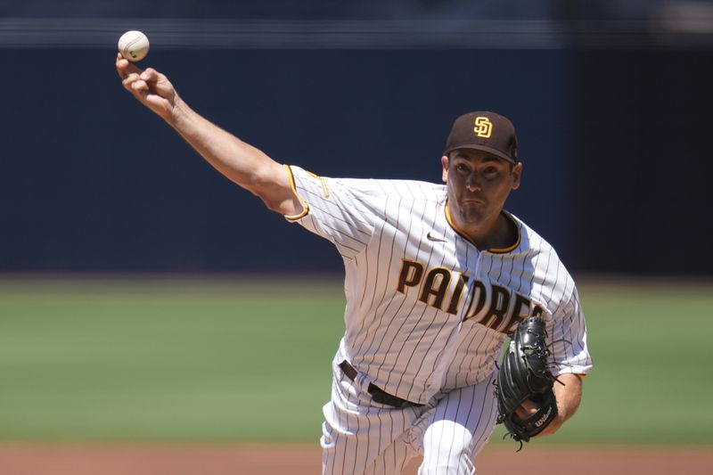 Aug 23, 2023; San Diego, California, USA;  San Diego Padres starting pitcher Seth Lugo (67) throws a pitch against to the Miami Marlins during the first inning at Petco Park. Mandatory Credit: Ray Acevedo-USA TODAY Sports