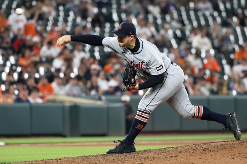 Jun 10, 2025; Baltimore, Maryland, USA; Detroit Tigers pitcher Tommy Kahnle (43) throws a pitch during the eighth inning against the Baltimore Orioles at Oriole Park at Camden Yards. Mandatory Credit: Daniel Kucin Jr.-Imagn Images