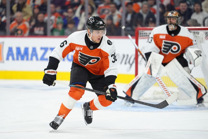Dec 13, 2025; Philadelphia, Pennsylvania, USA; Philadelphia Flyers defenseman Emil Andrae (36) in action against the Carolina Hurricanes in the first period at Xfinity Mobile Arena. Mandatory Credit: Kyle Ross-Imagn Images