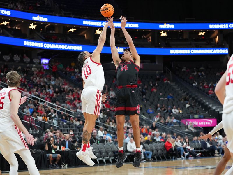 Mar 8, 2023; Las Vegas, NV, USA; Stanford Cardinal forward Spencer Jones (14) shoots against Utah Utes guard Marco Anthony (10) during the first half at T-Mobile Arena. Mandatory Credit: Stephen R. Sylvanie-USA TODAY Sports