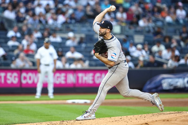 May 7, 2024; Bronx, New York, USA;  Houston Astros starting pitcher Justin Verlander (35) pitches in the first inning against the New York Yankees at Yankee Stadium. Mandatory Credit: Wendell Cruz-USA TODAY Sports