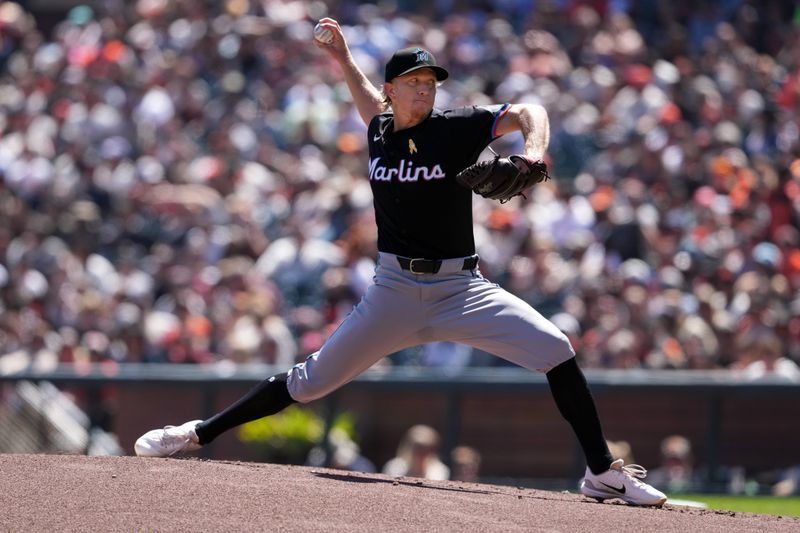 Sep 1, 2024; San Francisco, California, USA; Miami Marlins starting pitcher Darren McCaughan (68) throws a pitch against the San Francisco Giants during the first inning at Oracle Park. Mandatory Credit: Darren Yamashita-USA TODAY Sports