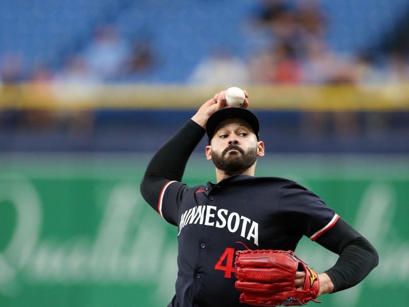 Sep 5, 2024; St. Petersburg, Florida, USA; Minnesota Twins pitcher Pablo Lopez (49) throws a pitch against the Tampa Bay Rays in the first inning at Tropicana Field. Mandatory Credit: Nathan Ray Seebeck-Imagn Images