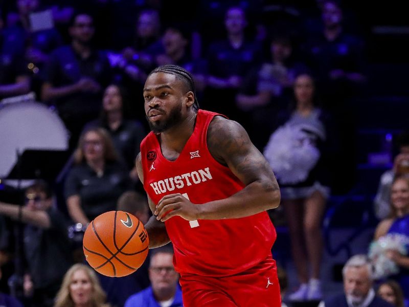 Dec 1, 2023; Cincinnati, Ohio, USA; Houston Cougars guard Jamal Shead (1) dribbles against the Xavier Musketeers in the first half at Cintas Center. Mandatory Credit: Katie Stratman-USA TODAY Sports