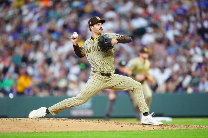 Aug 17, 2024; Denver, Colorado, USA; San Diego Padres starting pitcher Dylan Cease (84) delivers a pitch in the fifth inning against the Colorado Rockies at Coors Field. Mandatory Credit: Ron Chenoy-USA TODAY Sports