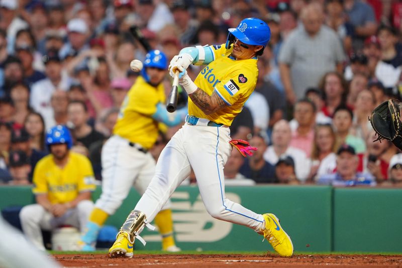 Jul 27, 2024; Boston, Massachusetts, USA; Boston Red Sox center fielder Jarren Duran (16) hits an RBI single against the New York Yankees during the second inning at Fenway Park. Mandatory Credit: Gregory Fisher-USA TODAY Sports