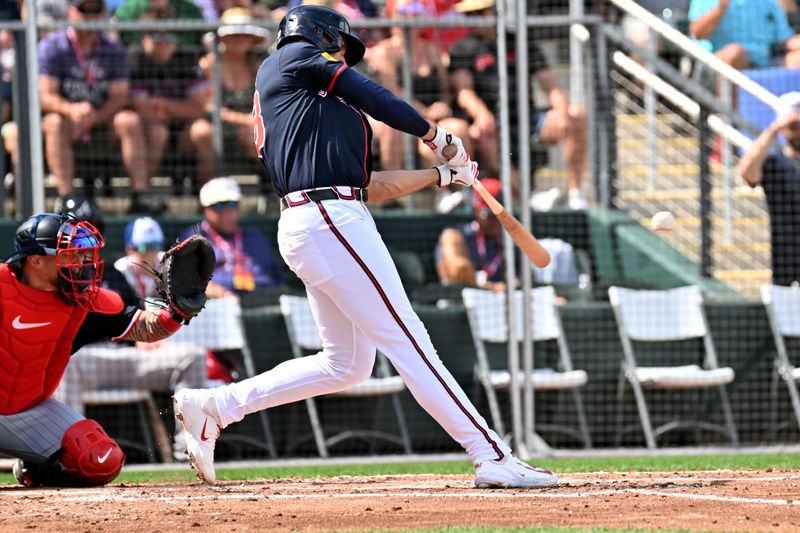 Mar 4, 2025; North Port, Florida, USA;  Atlanta Braves first baseman Matt Olson (28) hits a single in the third inning against the Minnesota Twins during spring training at CoolToday Park. Mandatory Credit: Jonathan Dyer-Imagn Images