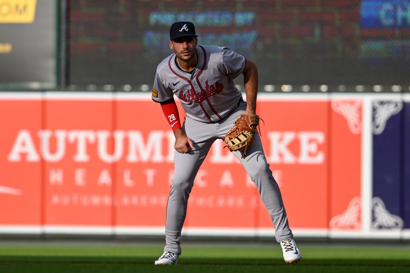 Jun 11, 2024; Baltimore, Maryland, USA;  aAtlanta Braves first baseman Matt Olson (28) looks into home plate prior too a first inning pitch against the Baltimore Orioles at Oriole Park at Camden Yards. Mandatory Credit: Tommy Gilligan-USA TODAY Sports