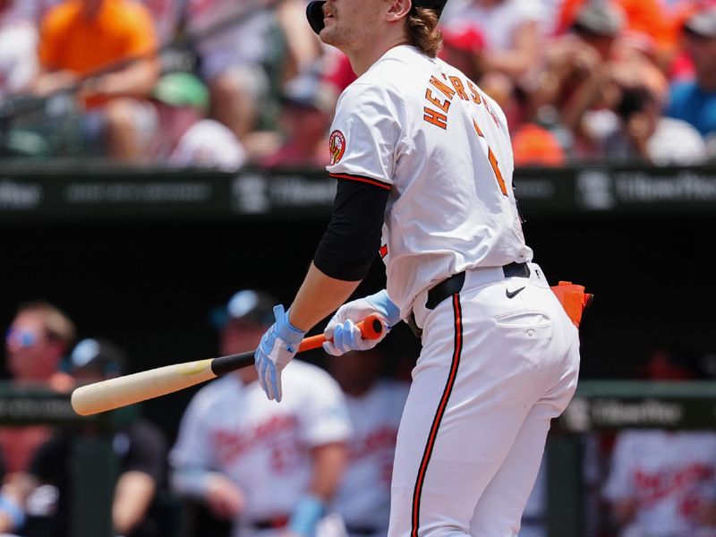 Jun 16, 2024; Baltimore, Maryland, USA; Baltimore Orioles shortstop Gunnar Henderson (2) watches his home run against the Philadelphia Phillies during the first inning at Oriole Park at Camden Yards. Mandatory Credit: Gregory Fisher-USA TODAY Sports