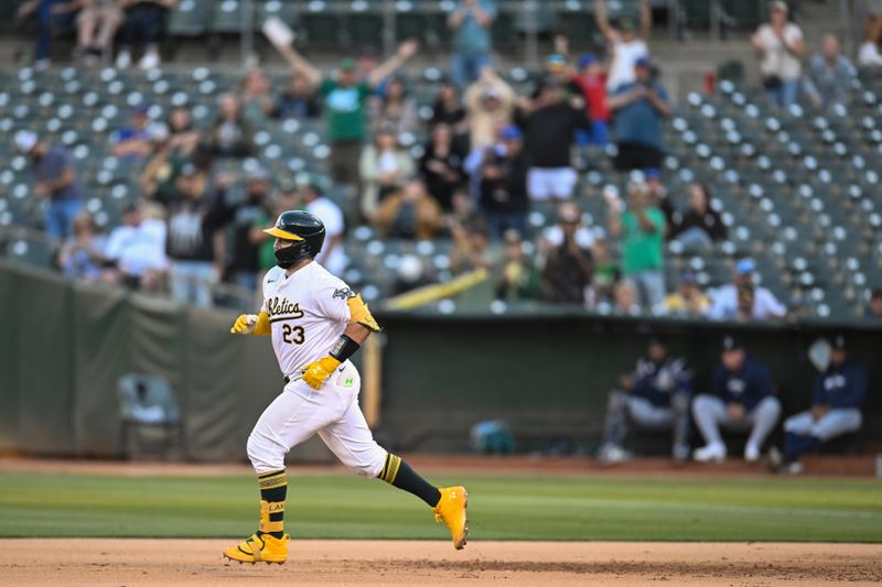 Sep 2, 2024; Oakland, California, USA; Oakland Athletics catcher Shea Langeliers (23) runs the bases after hitting a walk-off home run in the ninth inning against the Seattle Mariners at Oakland-Alameda County Coliseum. Mandatory Credit: Eakin Howard-USA TODAY Sports