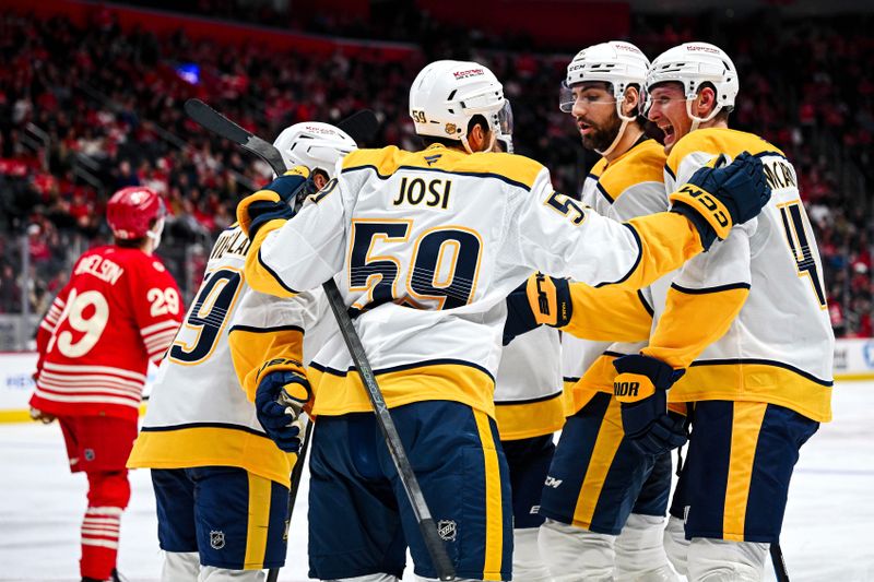 Nov 26, 2025; Detroit, Michigan, USA; Nashville Predators defenseman Roman Josi (59) celebrates his goal with teammates during the third period against the Detroit Red Wings at Little Caesars Arena. Mandatory Credit: Tim Fuller-Imagn Images