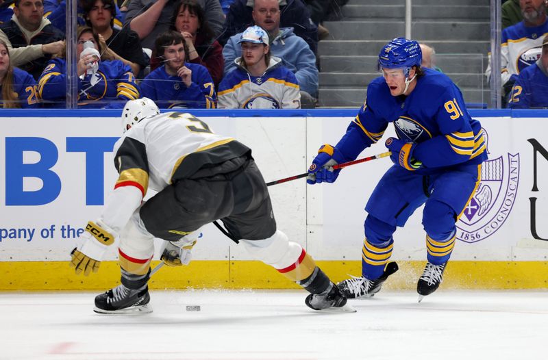 Mar 3, 2026; Buffalo, New York, USA;  Buffalo Sabres right wing Josh Doan (91) makes a pass to himself between the legs of Vegas Golden Knights defenseman Brayden McNabb (3) during the second period at KeyBank Center. Mandatory Credit: Timothy T. Ludwig-Imagn Images