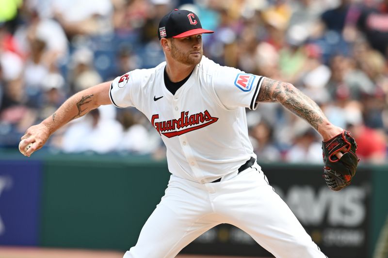 Jul 21, 2024; Cleveland, Ohio, USA; Cleveland Guardians starting pitcher Ben Lively (39) throws a pitch during the first inning against the San Diego Padres at Progressive Field. Mandatory Credit: Ken Blaze-USA TODAY Sports