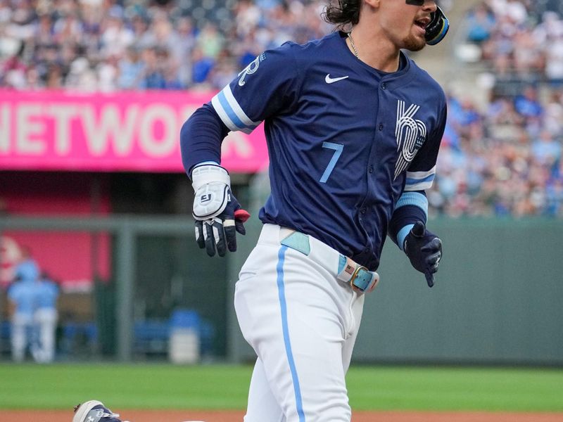 Jul 19, 2024; Kansas City, Missouri, USA; Kansas City Royals shortstop Bobby Witt Jr. (7) runs the bases after hitting a solo home run in the first inning at Kauffman Stadium. Mandatory Credit: Denny Medley-USA TODAY Sports