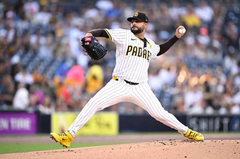 Sep 21, 2024; San Diego, California, USA; San Diego Padres starting pitcher Martin Perez (54) pitches against the Chicago White Sox during the first inning at Petco Park. Mandatory Credit: Orlando Ramirez-Imagn Images