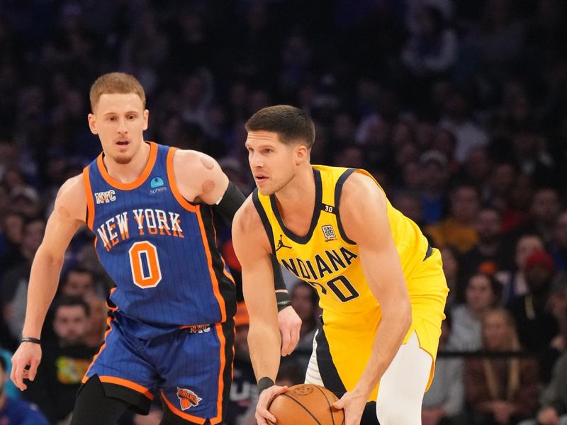 NEW YORK, NY - FEBRUARY 10: Doug McDermott #20 of the Indiana Pacers looks to pass the ball during the game against the New York Knicks on February 10, 2024 at Madison Square Garden in New York City, New York.  NOTE TO USER: User expressly acknowledges and agrees that, by downloading and or using this photograph, User is consenting to the terms and conditions of the Getty Images License Agreement. Mandatory Copyright Notice: Copyright 2024 NBAE  (Photo by Jesse D. Garrabrant/NBAE via Getty Images)