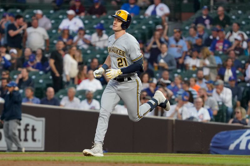 Aug 28, 2023; Chicago, Illinois, USA; Milwaukee Brewers designated hitter Mark Canha (21) runs the bases after hitting a two-run home run against the Chicago Cubs during the first inning at Wrigley Field. Mandatory Credit: David Banks-USA TODAY Sports