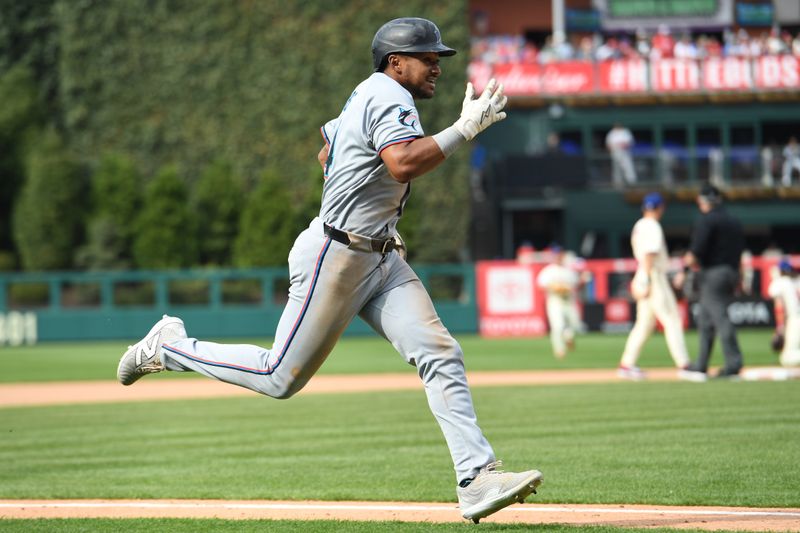 Apr 20, 2025; Philadelphia, Pennsylvania, USA; Miami Marlins outfielder Dane Myers (54) run towards home during the tenth inning against the Philadelphia Phillies at Citizens Bank Park. Mandatory Credit: Eric Hartline-Imagn Images