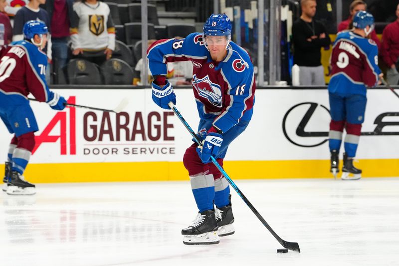 Oct 31, 2025; Las Vegas, Nevada, USA; Colorado Avalanche center Jack Drury (18) warms up before a game against the Vegas Golden Knights at T-Mobile Arena. Mandatory Credit: Stephen R. Sylvanie-Imagn Images
