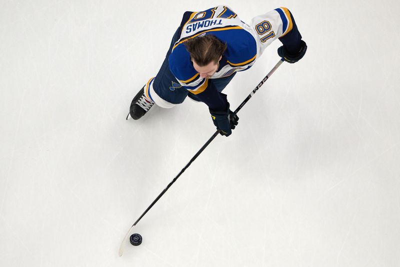 Nov 16, 2023; San Jose, California, USA; St. Louis Blues center Robert Thomas (18) skates with the puck during warmups before the game against the San Jose Sharks at SAP Center at San Jose. Mandatory Credit: Robert Edwards-USA TODAY Sports