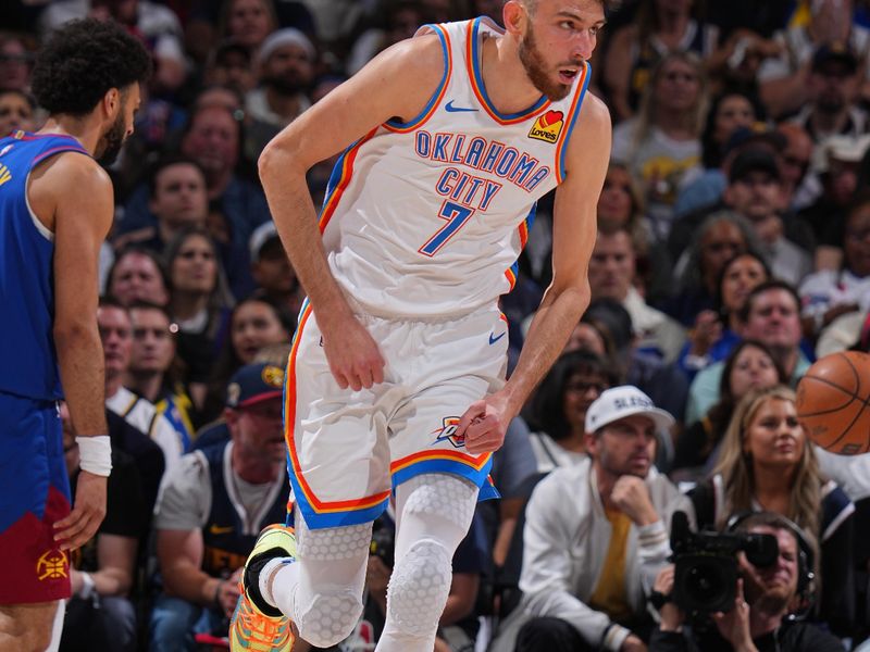 DENVER, CO - MAY 9: Chet Holmgren #7 of the Oklahoma City Thunder looks on during Round Two, Game Three of the 2025 NBA Playoffs against the Denver Nuggets on May 9, 2025 at Ball Arena in Denver, Colorado. NOTE TO USER: User expressly acknowledges and agrees that, by downloading and/or using this Photograph, user is consenting to the terms and conditions of the Getty Images License Agreement. Mandatory Copyright Notice: Copyright 2025 NBAE (Photo by Bart Young/NBAE via Getty Images)