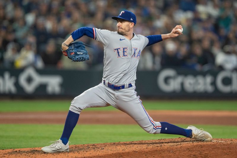 Sep 30, 2023; Seattle, Washington, USA; Texas Rangers starter Andrew Heaney (44) delivers a pitch during the fourth inning against the Seattle Mariners at T-Mobile Park. Mandatory Credit: Stephen Brashear-USA TODAY Sports